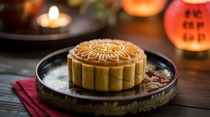 A beautifully crafted mooncake displayed on an ornate plate, accompanied by warm candlelight and festive lanterns.