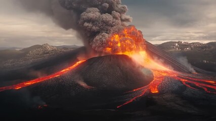 Volcano erupting with lava and smoke. The concept of natural disasters
