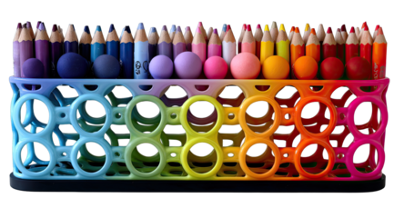 Colorful pencil holder with vibrant crayons and colorful balls