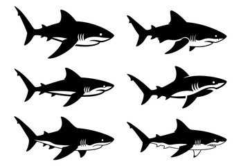Fototapeta premium Black shark icons. Black shark silhouettes isolated on white background. Vector illustration.