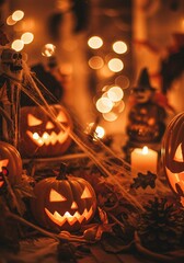 Spooky Halloween celebration with carved pumpkins, glowing candles, cobwebs, and autumn leaves creating a festive and eerie atmosphere illuminated by soft bokeh lights