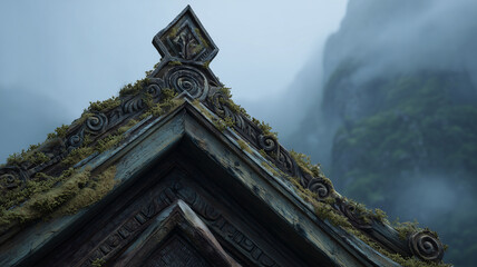 Old building corner with moss and cloudy sky