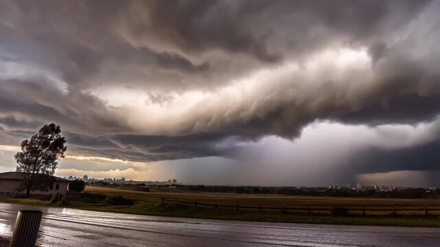 Heavy rain falling from dark storm clouds over a landscape. Concept of weather and climate.