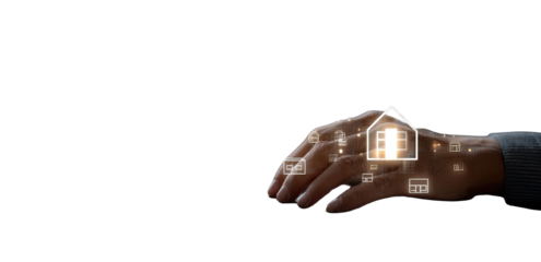 Hand hovering over digital house icons on a dark background