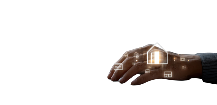 Hand hovering over digital house icons on a dark background