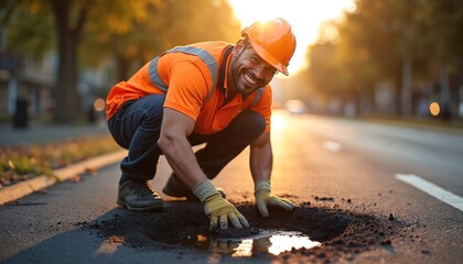 Smiling construction worker in safety gear repairs pothole with asphalt. Hard-working laborer maintains smooth road surface on highway. Man works on maintenance job, uses equipment for roadwork.