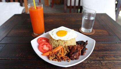 Versatile food composition with fried rice, tomatoes, meat, egg, juice, and water on rustic wood. Perfect for culinary blog backgrounds.