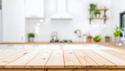 Bright kitchen interior with a focused wooden table suitable for home decor blogs, interior design websites, or cooking product advertisements.