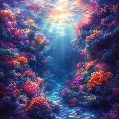 Naklejka premium A vibrant illustration of an underwater coral reef teeming with marine life, but with no animals present.