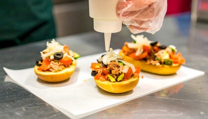 Sauce drizzling on potato skin appetizers. Perfect for culinary blogs, restaurant menus, recipe books, food magazines, and social media posts.