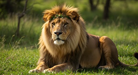 Obraz premium Majestic Lion Wearing a Leaf Crown