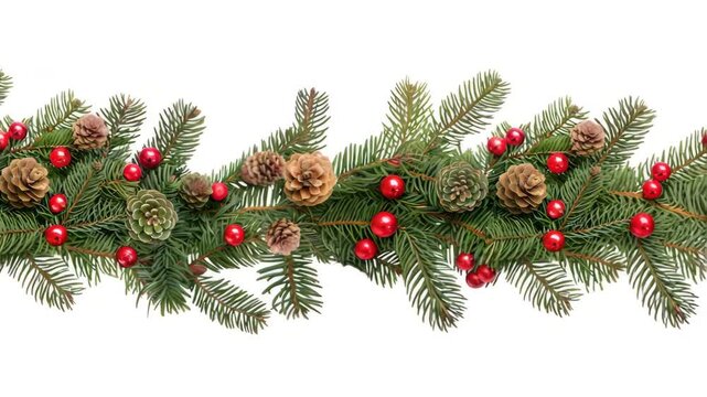 Decorative green border of Christmas tree branches for Christmas and new year. Festive winter decor with cones and berries. Christmas tree decoration on celebration
