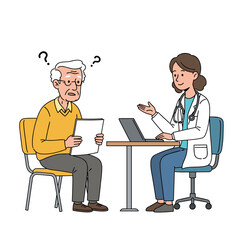 Fototapeta premium Elderly man in conversation with a doctor about memory loss and dementia for healthcare education and awareness workshops