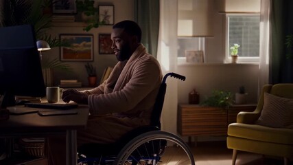 Man in a wheelchair working at a desk with a computer. Concept of independence and accessibility. - Powered by Adobe