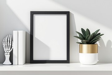 Black frame mockup with succulent plant, books and skeleton hand on shelf isolated on white background