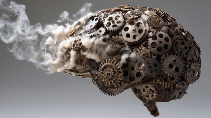 Brain composed of numerous interlocking gears and cogs, spinning rapidly and overheating, with soft smoke rising, representing mental exhaustion and pressure 