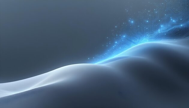 A minimalist landscape of serene dunes with a flow of glowing digital energy. A concept for IT companies, data science, or technology innovation presentations. AI generated