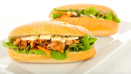 Salmon sandwich with lettuce and cheese on plate. Perfect for food blogs, menus, and social media posts. Delicious content.
