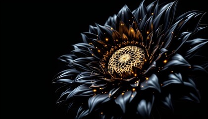 A high-tech sunflower with polished carbon fiber petals and a glowing golden mandala center. This futuristic symbol of resilience and technology is perfect for innovation concepts. AI generated