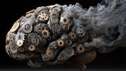 Brain composed of numerous interlocking gears and cogs, spinning rapidly and overheating, with soft smoke rising, representing mental exhaustion and pressure 