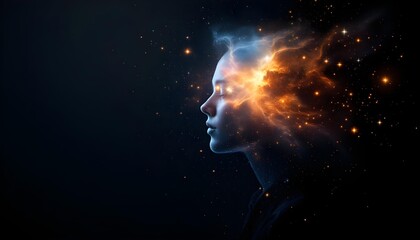 A spiritual concept of the universe within. A person's profile dissolving into a cosmic nebula of stars, symbolizing consciousness, imagination, or artificial intelligence. AI generated