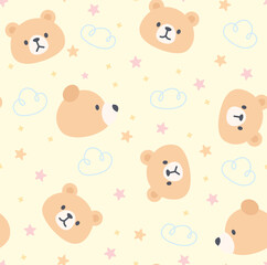 Fototapeta premium Cute teddy bear face seamless pattern for kids with pastel clouds and stars on cream background