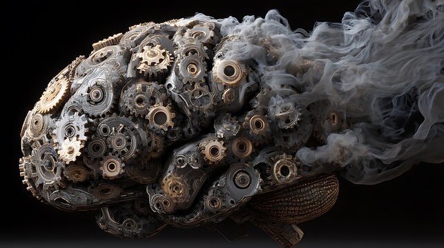 Brain composed of numerous interlocking gears and cogs, spinning rapidly and overheating, with soft smoke rising, representing mental exhaustion and pressure 