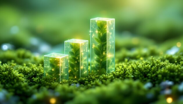 Concept of green business growth and sustainable investment. Seedlings growing inside glowing blocks shaped like a bar graph, ideal for ESG, ecology, or green technology presentations. AI generated