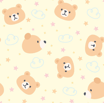 Cute teddy bear face seamless pattern for kids with pastel clouds and stars on cream background