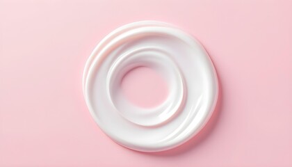 Top-down macro shot of a perfect, elegant swirl of thick, creamy white cosmetic lotion on a soft, pastel pink surface. AI generated