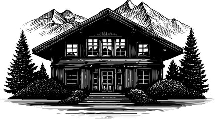 Vintage hand-drawn engraving of alpine chalet facade with mountain scenery