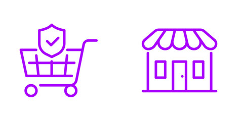 Secure Online Shopping: Purple Line Art Icons of Shopping Cart, Shield, and Store.