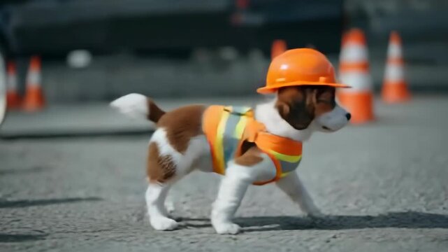 Dog dressed for construction. A cute puppy wears a hard hat and reflective vest, posing amidst orange traffic cones on an asphalt surface.