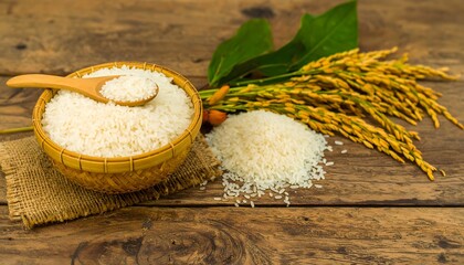 Rice bowl next to harvested stalks perfect for agriculture, food, and harvest concepts in design projects.