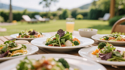 Healthy lifestyle retreat showcasing fresh vegan dishes presented beautifully in nature-inspired outdoor dining environment