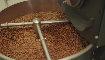 Coffee roasting machine with metal container, blending roasted coffee beans. Perfect for coffee shop promotions, roastery websites, and cafe blogs.