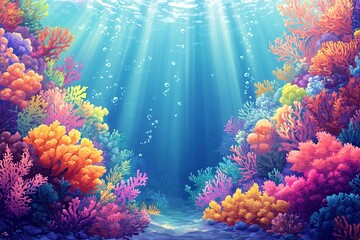 Fototapeta premium A vibrant illustration of an underwater coral reef teeming with marine life, but with no animals present.