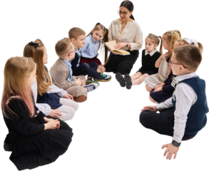 Teacher reading book to group of children sitting in circle on transparent background. Concept of primary education, storytelling, child development, and interactive classroom learning.