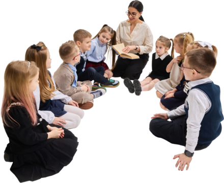 Teacher reading book to group of children sitting in circle on transparent background. Concept of primary education, storytelling, child development, and interactive classroom learning.