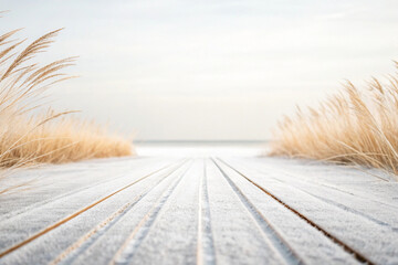 Wooden boardwalk leading to the beach with pampas grass and soft coastal light