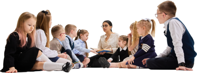 Children sitting with teacher during book reading activity on transparent background. Concept of school education, teamwork, listening skills, and collaborative classroom learning.