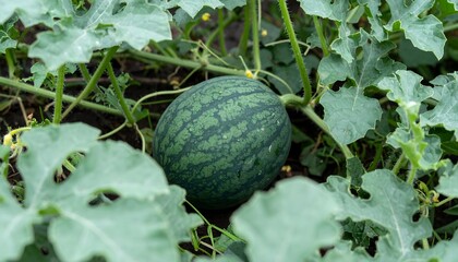 Young watermelon surrounded by lush green vines in a vibrant garden perfect for summerthemed designs and agriculturerelated projects.