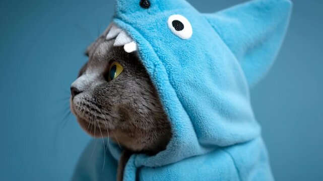 A gray cat with yellow eyes dons a blue shark costume, creating a whimsical and endearing portrait. Its expressive gaze adds to the charm.