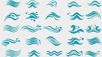 Vector collection of teal water wave designs with varying patterns and droplet accents on a white background