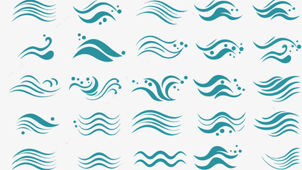 Vector collection of stylized teal water waves and droplet designs arranged in a grid pattern on a white background