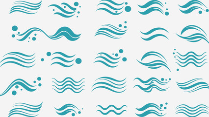 Vector collection of stylized blue water wave illustrations with varying shapes and bubble accents on white background