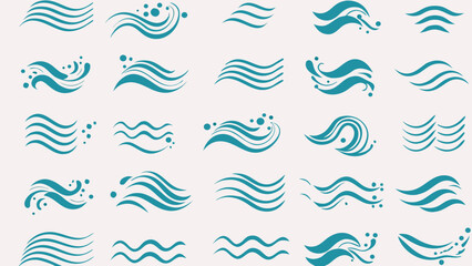 Vector collection of teal wave illustrations with varying styles and bubble accents on a light background