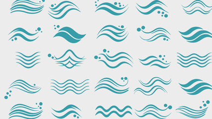 Vector collection of various teal wave patterns and designs with some including small circles in a grid format
