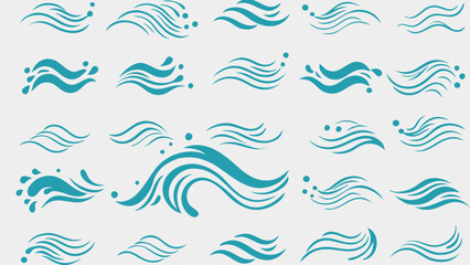 Vector collection of stylized teal water waves and splashes arranged on a white background showing movement and flow