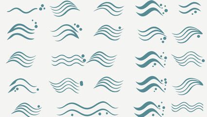 Vector collection of teal wave patterns with varying line counts and bubble accents arranged on a white backdrop